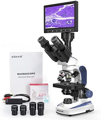 EDKKIE 40X-2500X Lab Compound Trinocular Microscope Built-in 5MP Camera with 7’’ Screen, Wide-Field 10X and 25X Eyepieces, Dual Illumination System, Double Layer Mechanical Stage