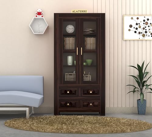 Image of Wood Book Shelf with Glass Door, Wooden Bookshelf for Home Library, Kitchen Crockery Cabinet, Study Room Furniture, Books Rack, Bookcases, Walnut Finish