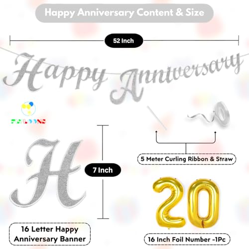 Image of Flyloons 20th Happy Anniversary Banner Silver Decorations Kit for Men Women Wedding Anniversary Banner Items without Balloons
