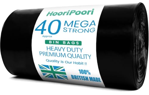 Hooripoori 70L Litres 40 MEGA Strong Heavy Duty Bin Bags, 45 μm Leak & Tear Resistant Dustbin Bags Roll, Bin Liners, Bin Bag, Refuse Sacks 100% Recycled Material & Eco Friendly