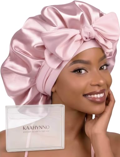 Silk Satin Bonnet for Sleeping Women Hair Wrap Adjustable Tie Band Double Layer Sleep Night Head Cover for Curly Braid Fine Straight - Blush Pink