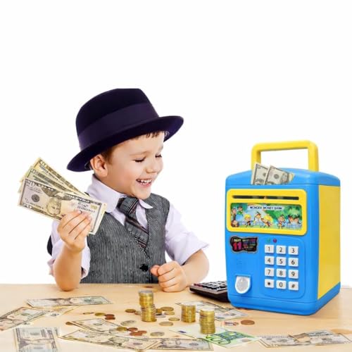 Image of High Trusted Kids Modern Money Safe ATM Machine, Finger Print Smart Sensor ATM Savings Money Bank with Electronic Lock (Blue)