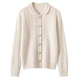 [Aecsoc] レディース カシミヤ 100% ニットカーディガン POLO ネック長袖セーター軽量 通勤 日常 プレゼント前開き ケーブル編み(450g)SH565(ホワイト,S)