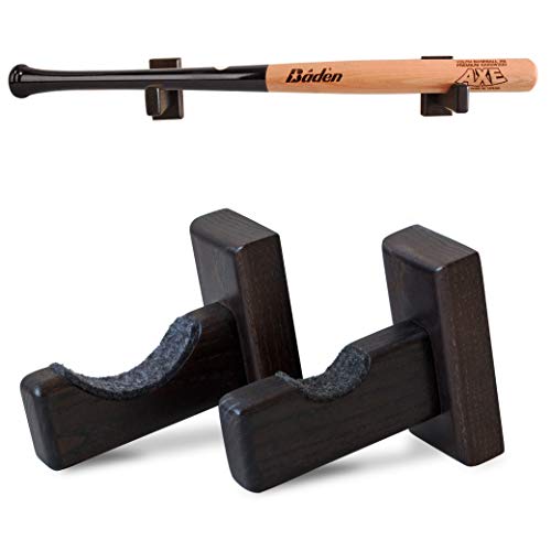 TESLYAR Baseball Softball Bat Rack Wood Felt Liner Wall Mount for Horizontal Display - Solid Ash Tree Hidden Screws Handmade Black