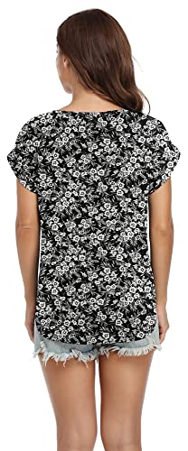 Viishow Summer Tops For Women Casual Rolled Cuff Zip Chiffon Floral Blouse Fashion Boho Tops,Black Print,Xx-Large #TOP4