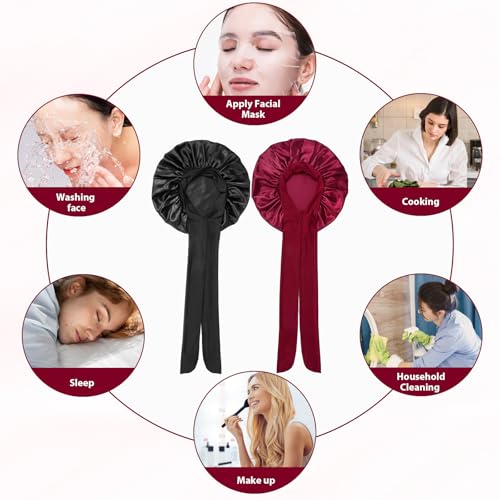 2 Stück Seidenhaube zum Schlafen, Weiche Satin Haarhaube mit 2 Scrunchies Schlafhaube Bonnet Sleep Cap Schlafmütze für Damen Mädchen (Schwarz, Weinrot)