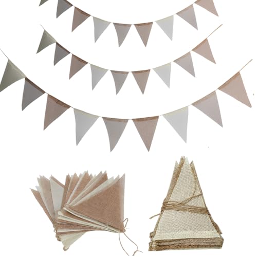 KIRZAX Brun et Beige Fanion Jute Guirlande Fanions Toile de Jute,12M Vintage Lin Marron Bannière,Guirlande Extérieur Intérieur,pour Bohême Anniversaire Mariage Bapteme Intérieure et Extérieure Deco