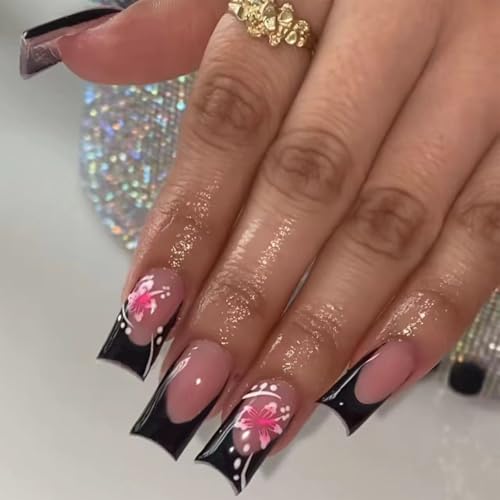 SEMATA Acrylic French Tip Press on Nails Medium Long Square Nails Press ons Coffin Spring Pink Glue on Fake Nail with Flower Designs Reusable Artificial Stick on False Nail for Women 24Pcs