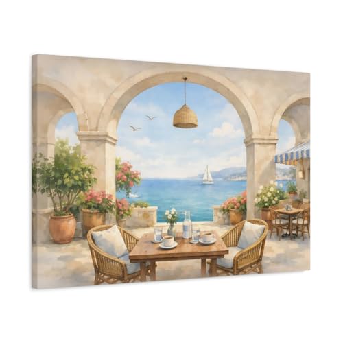 Tableau de café de bord de mer aquarelle 75x50cm impression sur toile