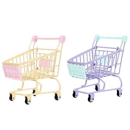 ifundom 2Pcs Mini Caddie Jouets Enfants Faire Semblant de Jouer Mini Supermarché Caddie Jouets Enfants Jouer Maison Jouets Cadeaux (Jaune + Violet)