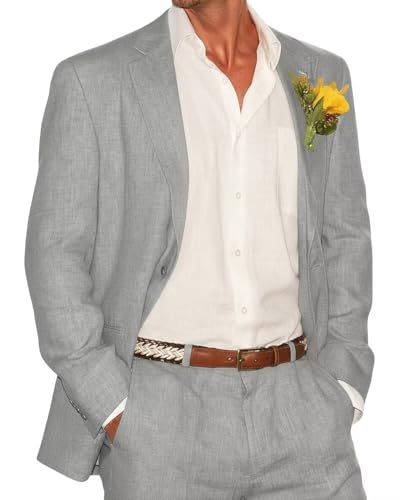 Bofan 2 Piece Linen Suits for Men Slim Fit Casual Beach Wedding Summer Grooms Groomsmen Linen Blazer Pants Suit, Grey, Small