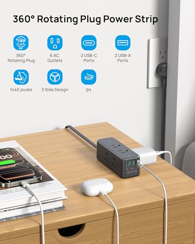 Image of TROND Surge Protector Power Strip with 360 Rotating Flat Plug, Black | Flat Extension Cord 3ft, 6 Widely Spaced Outlets and 2 USB-C PD20W Ports, 1440J Surge Protector for Home Office Dorm