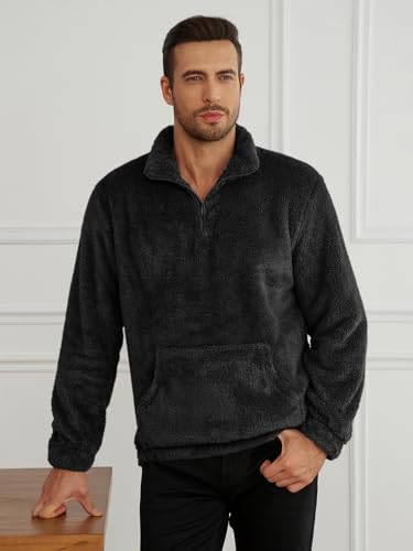 Runcati Mens Fuzzy Sherpa Sweatshirt Quarter Zip Fleece Pullover Winter Fall Warm Outerwear With Kangaroo Pocket3