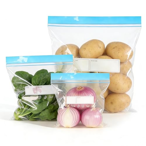 Jasjfasd 70 Pieces Bustine Trasparenti Richiudibili, Sacchetti Freezer, Sacchetti Plastica Gelo, 3 Misure, Etichetta Pre-Stampata, Qualità Alimentare per Conservare, Congelatore, Fruit, Vegetable