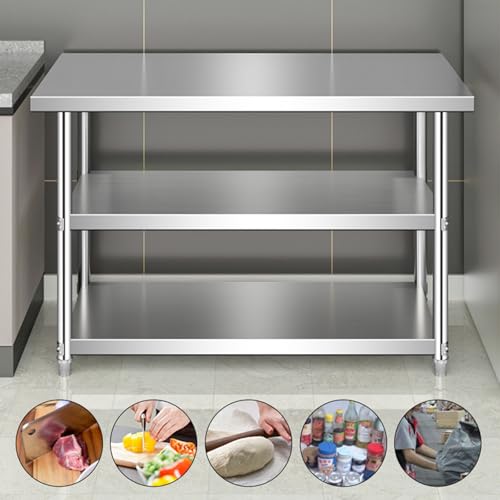 Stół kuchenny ze stali nierdzewnej z potrójnymi otwartymi półkami, komercyjny metalowy stół warsztatowy do pieczenia i pakowania (100 x 60 x 80 cm) - wytrzymały, łatwy do czyszczenia