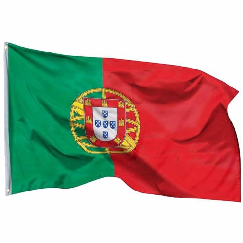 Bandera Portugal 90x150cm, Bandera Portuguesa con 2 Ojales de Latón, Portuguese flag, Bandera Copa del Mundo, Bandera de País para exterior, Material Poliéster, Resistente al viento y lluvia