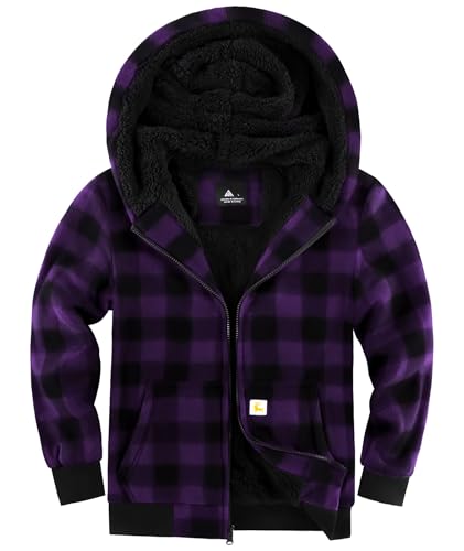 Image of V VALANCH Boys Flannel Jacket Hooded Fleece Lined Zip-up Hoodies Plaid Coat for Kids