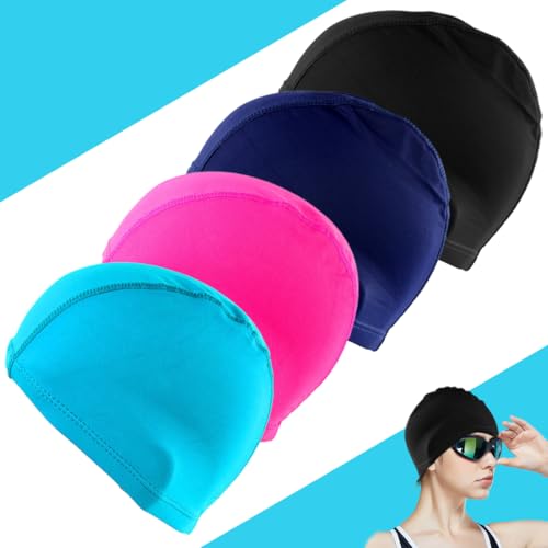 Badekappe，Komfort Stoff Schwimmhaube，Weiche Badehaube，leichte Badekappen，Schwimmen für Damen Kinder Jugendliche Erwachsene，4 Sück Set