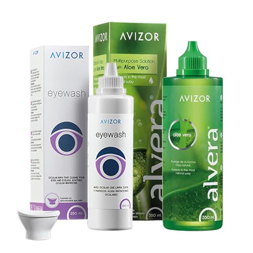 Avizor Eyewash 250ml + Alvera 350ml Pack: Baño Ocular y Solución Única para Limpieza y Confot de Lentes de Contacto