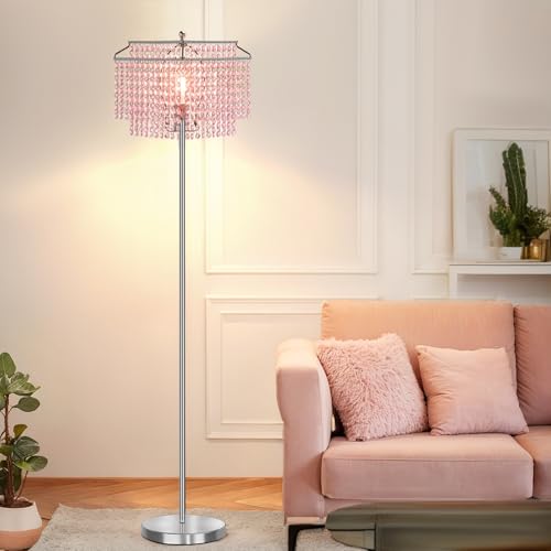 Luvkczc Pink Crystal Floor Lamp 64 Tall Standing Lamps with Double-Layer Lampshade Floor Lamps with On/Off Foot Switch Elegant Floor Lamp for Living Room Girl Bedroom Dresser Office