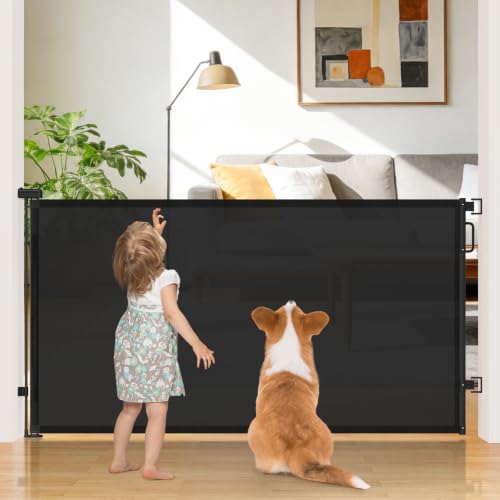 Image of 42 inch Extra Tall Retractable Baby Gates, 76 inch Wide Dog Gate for Stairs | Mesh Gate Indoor Outdoor for Doorways Deck Kitchen, Long Safety Gate for Child Toddler, Prevent Pet from Jumping Over, Black
