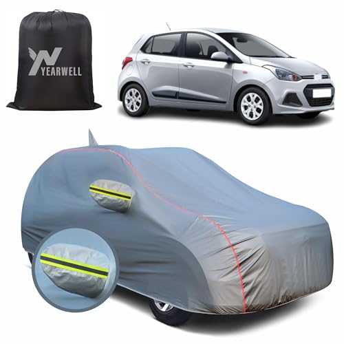 Image of Car Body Cover for Hyundai Grand i10, 100% Waterproof, Heat-Resistant with Mirror & Antenna Pockets, Soft Cotton Lining, Triple Stitched, Green Reflector (Metallic Grey)