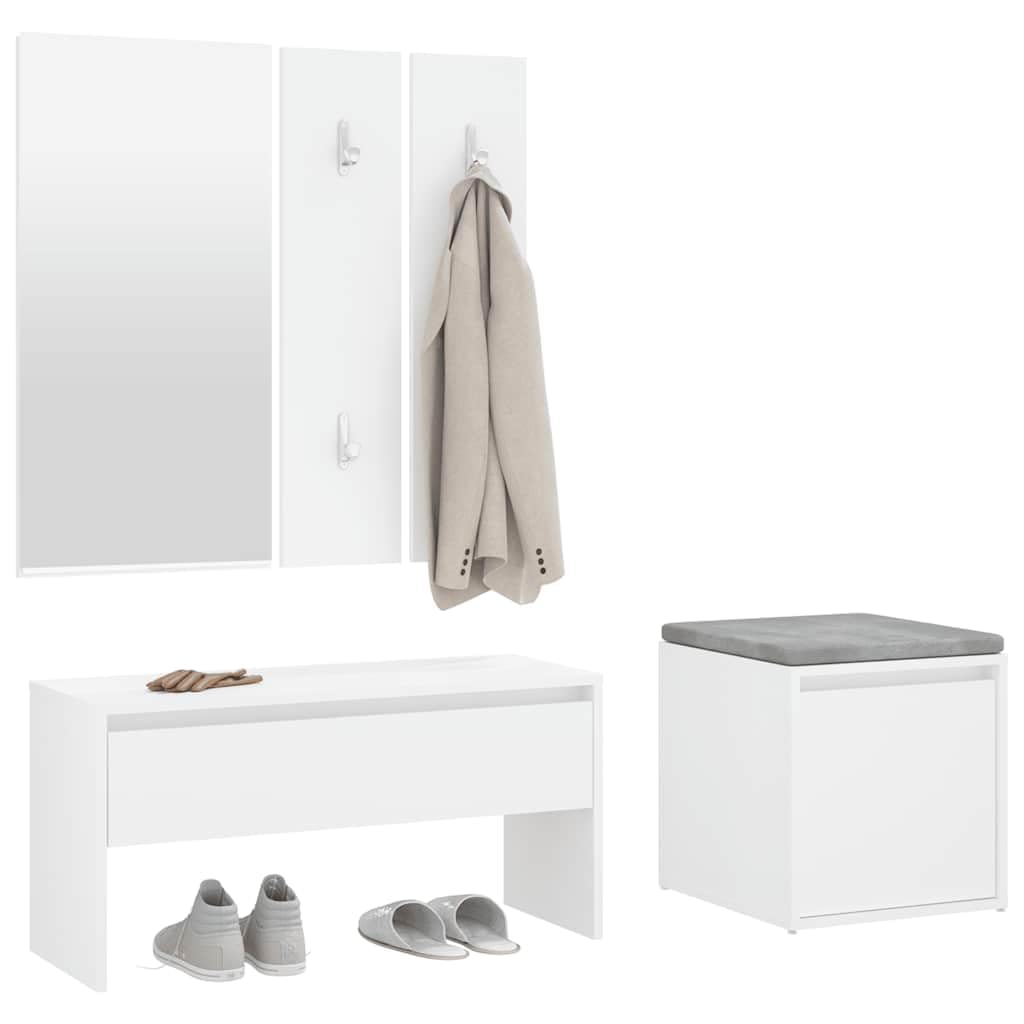 Ensemble de Meubles de Couloir Blanc en Bois d'ingénierie avec Miroir Grand, Panneau Porte-Manteaux, tiroir de Rangement, Banc Coffre, Chaise, Meuble Pratique pour entrée Chambre Salon
