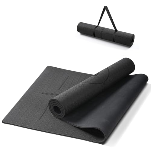 Ellylife Yogamatte Rutschfest Dick Nachhaltige Naturkautschuk + Eco TPE Ausrichtungslinien Hautfreundliche Starker Grip Einzigartiges Design mit Tragegurt für Yoga Pilates Fitness Schwarz