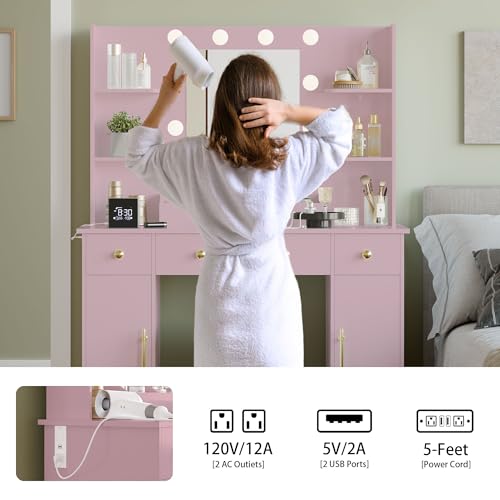 Image of Wodeer Makeup Vanity Desk with Mirror and Lights, 43 inch Pink Vanity Set with 3 Drawers, Power Outlet & Adjustable RGB LED Lights, Dressing Table with Storage Shelf for Women & Girls Bedroom