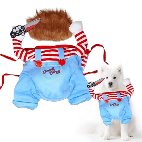 Lustige Chucky Hundekleidung, Hundekostüm Hhallowee Halloween Hundekostüm Wig and Knife Haustier Kleidung Hund Schreckliches Kostüm für Halloween Haustier Cosplay Party