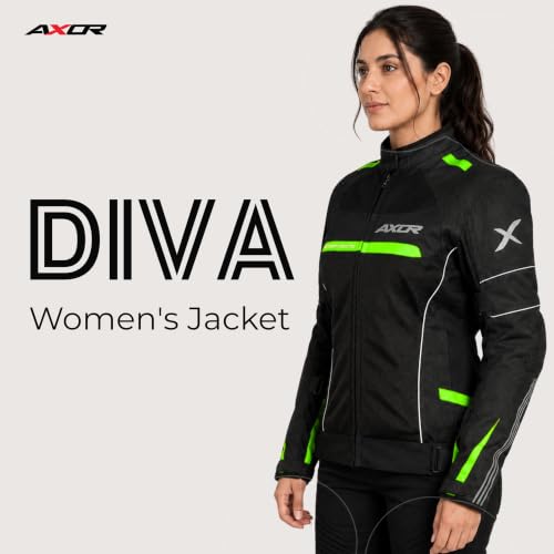 Image of Axor Divazz Women Motorcycle Riding Jacket, CE Armour Protective Bike Jacket, All-Weather Touring Riding Gear with Ventilation Panels, Black Neon Green, L