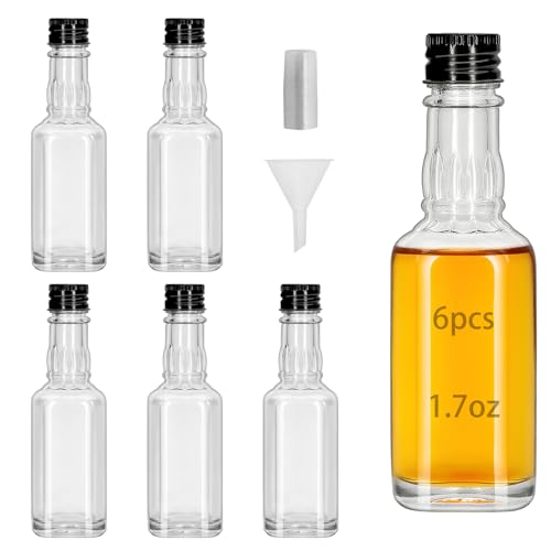 eispap 6Pcs Glass 1.7oz 50ml Square patterned neckline Mini Glass Liquor Bottles with Lids Small Wine Bottle Reusable Empty Alcohol Bottles with Aluminum Black Screw Cap (6)