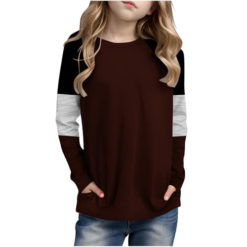 Girls Long Sleeve T-Shirts with Pockets Striped Print Tee Shirts Fall Tops Casual Cotton Tshirts