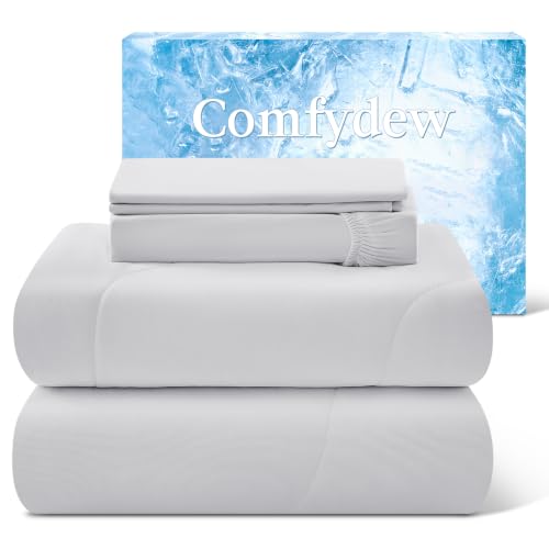 Image of Cooling Comforter King Size Set 4 Pieces, Summer Blanket with Dual-Sided Cool Tech, Deep Pocket Fitted Sheet Fits Up to 18 inch, Q-Max>0.55 Thin Comforter for Hot Sleepers, with 2 Pillowcases, Grey