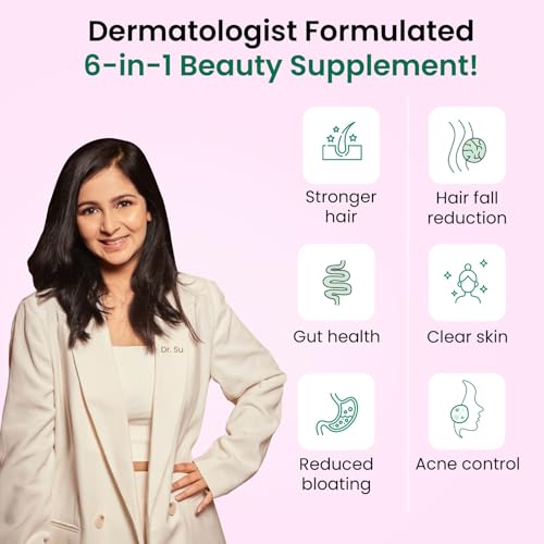 Image of Dr.Su 6-In-1 Biotin Hair Supplement Powder - Strong Hair, Clear Skin & Healthy Gut | With Vitamins, Minerals, Antioxidants, Probiotics, Fiber & Adaptogens | Lemon Mint | Sugar-Free, 30 Sachets, Unisex