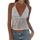 XIXIMAON Camiseta de tirantes con lentejuelas para mujer, camiseta sexy sin espalda con cuello en V, Halter Neck Tank Top con lentejuelas sin mangas, camiseta de verano, traje de fiesta, fiesta