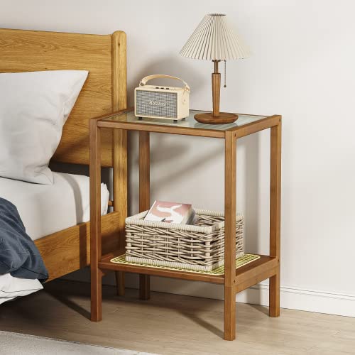 Bamworld Night Stand For Small Spacesbedroom, Living Room, Rattan Glass Bamboo Coffee Bedside End Table 2-Tier With Storage Boho #TOP2