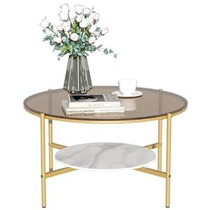 Artloge 2-Tier Round Tempered Glass Coffee Table: 80cm Brown Tinted Glass Perfect Pair with High Gloss Sintered Stone Aesthetic Pattern Marble Tables Top Large Centre Table Living Room