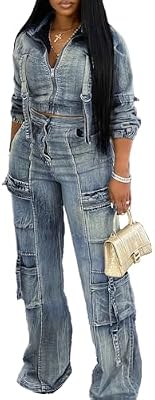 Molilove Women's Two Piece Denim Outfits Long Sleeve Cropped Jean Jacket Cargo Pants with Pockets Y2...