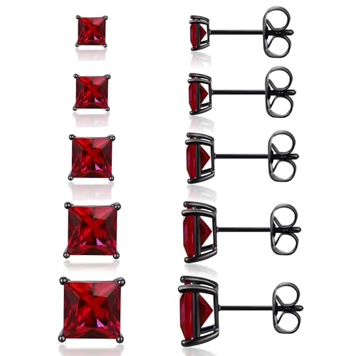 MDFUN 5 Pairs Stud Earrings Set for Men 3-7MM Round & Square Crystal Ear Piercing Black Plated Hypoallergenic Earring Jewelry Women, Stainless Steel, Created Ruby