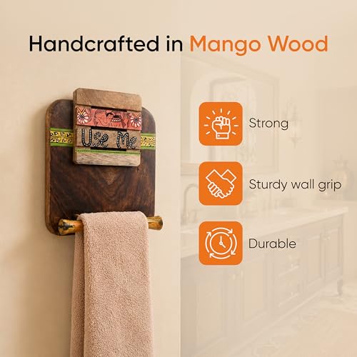 Image of Aakriti Art Creations Madhubani Art Wooden Towel Holder | Handcrafted Wooden | Matte Finish Natural Brown Wall Mounted Towel Holder for Bath & Wash Area