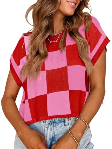 Image of Saodimallsu Womens Cap Sleeve Crop Tops Summer Color Block Going Out Crew Neck Knit Trendy Casual Sweater