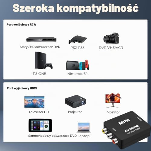 Konwerter RCA na HDMI, adapter AV na HDMI, 1080P CVBS, kompozytowy konwerter audio-wideo z kablem zasilającym USB, do kamery, PS2, SNES, VHS, Xbox, PS4, TV, DVD i Wii, obsługa PAL/NTSC