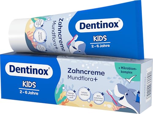 Dentinox Kinderzahnpasta Mundflora+ Kids 30ml Kariesschutz mit Fluorid (1000 ppm) sanfte Reinigung & Stärkung der Mundflora für Kinder von 26 Jahren vegane Zahncreme ohne Farbstoffe