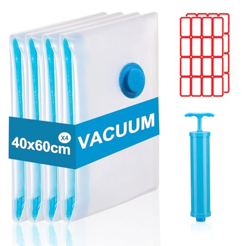 Compression Bags with Pump, Vacuum Storage Bag, 40 x 60 cm Travel Compression Bags, Reusable Vacuum Bags, Small Adhesive Labels, Pack of 4