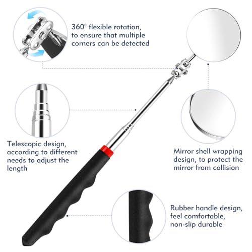 CdbC 4 Pcs Telescoping Mirrors, LED Lighted Inspection Mirror Telescoping, 360 Rotation Mechanic Mirror Extendable, Flexible Telescopic Mirrors Tool for Checking Vehicle Observing Small Parts