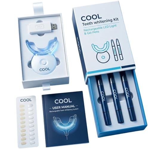 Cool Teeth Whitening Kit with LED Light, 3 Whitening Pens (60 Uses), Enamel Safe Tooth Whitener for Coffee, Wine & Tobacco Stains, At-Home Treatment