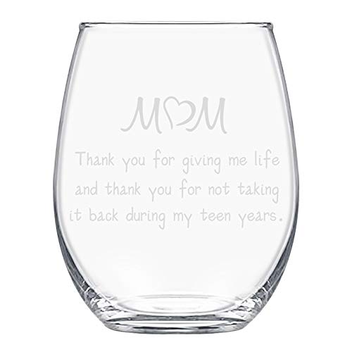 Mom Stemless Wine Glass, Mom Thank You For Giving Me Life, Funny Gift For Mom Women Mother's Day Birthday Christmas From Daughter Son Kids, Novelty Mother’s Day Gifts Wine Glass, 15Oz #TOP5