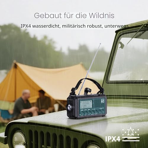 Kurbelradio DAB/DAB+/UKW, Baustellenradio Radio Batteriebetrieben, Tragbare Solar Notfallradio mit 5000mAh Wiederaufladbare Akku, LED Taschenlampe & Leselicht, IPX4, SOS-Alarm für Outdoor, Camping