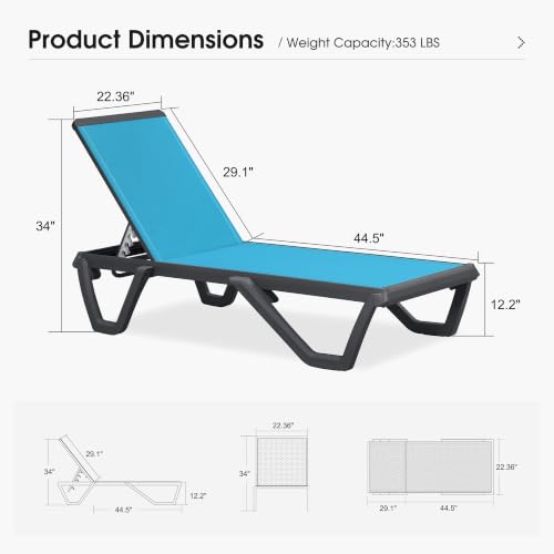 Image of PURPLE LEAF Patio Chaise Lounge Set of 4 Plastic Outdoor, Turquoise Blue | Plastic + Glass fiber Legs, Aluminum Frame, Quick-Dry Comfort UV, 5-Position Backrest, 5% Wider Seat, Stackable, Lightweight